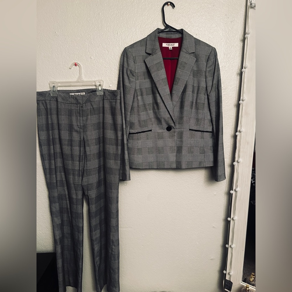 Nine West Monochrome Plaid Blazer with Bold Red Interior